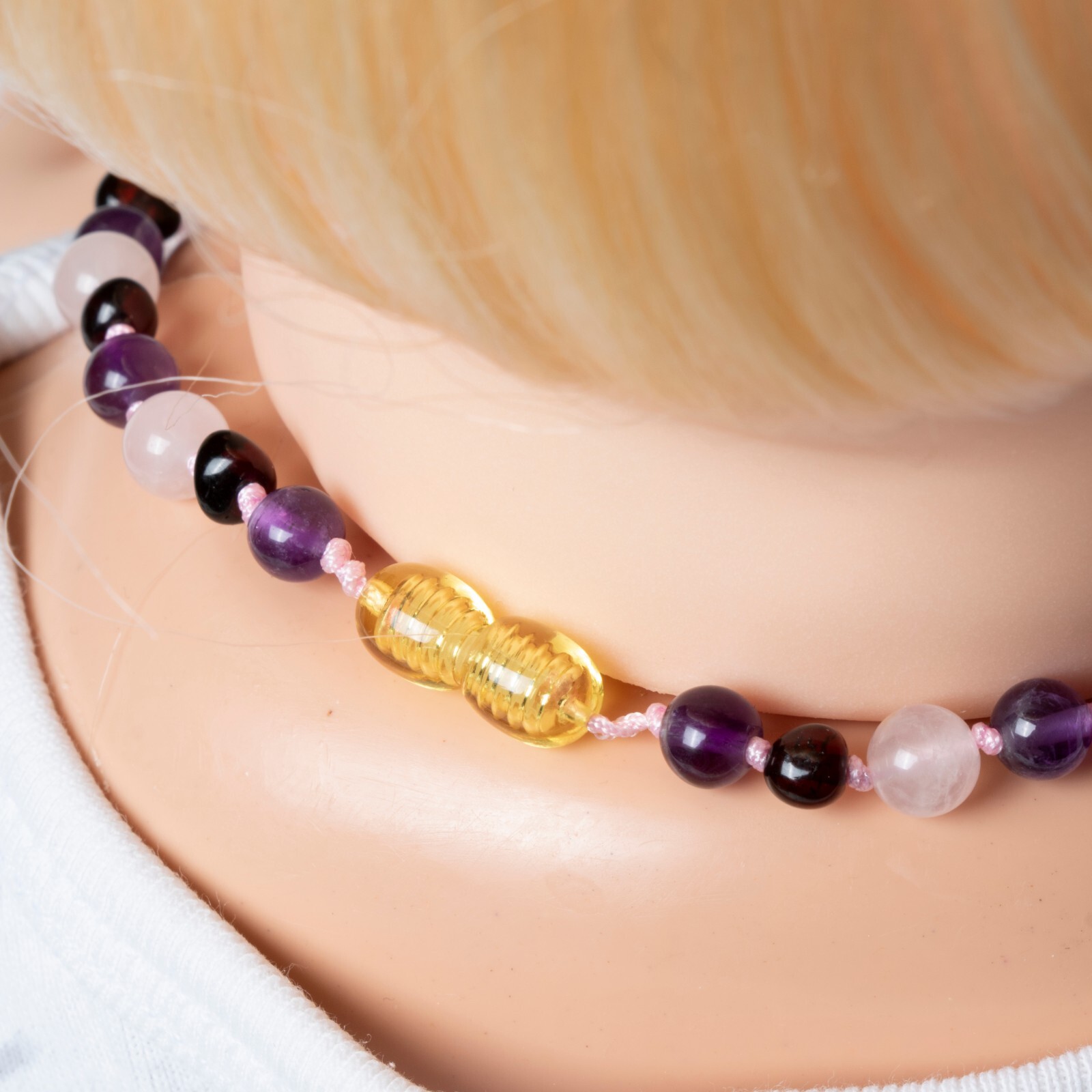Healing Natural Stone Necklace for Babies – Amber, Rose Quartz, and Amethyst