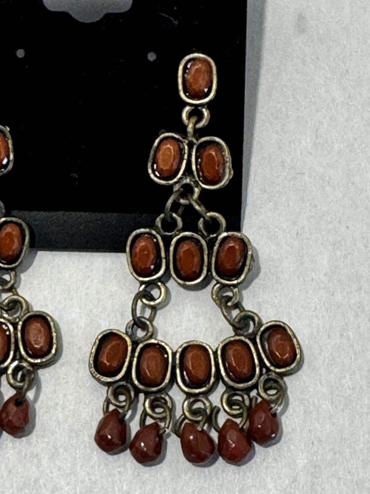 Boho Chandelier Dangle Earrings Red Brown Cabochon Bead Drops