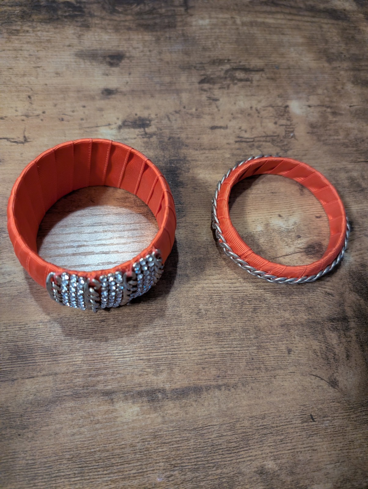 Set of 2 Orange Chunky Ribbon Chain Rhinestone Bangle Bracelets Unique