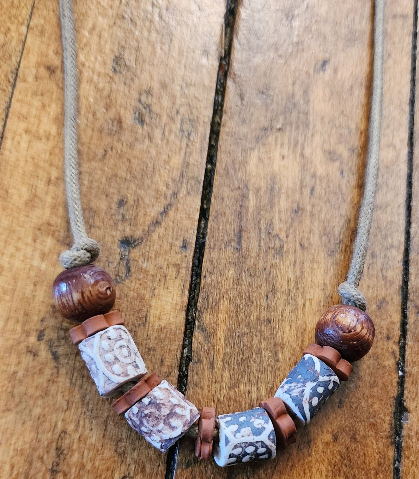 Leather Cord Beaded Necklace With Ceramic & Wood Beads 25 Inch