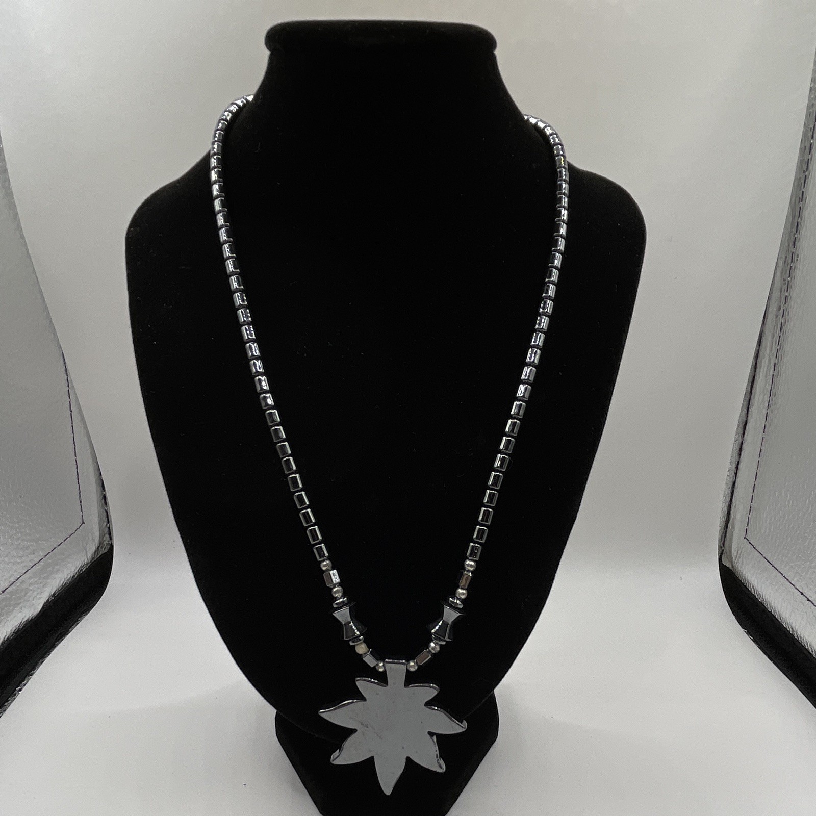 Hematite Beaded Box Chain Necklace Silver Tone Gray Square Stone Leaf Charm