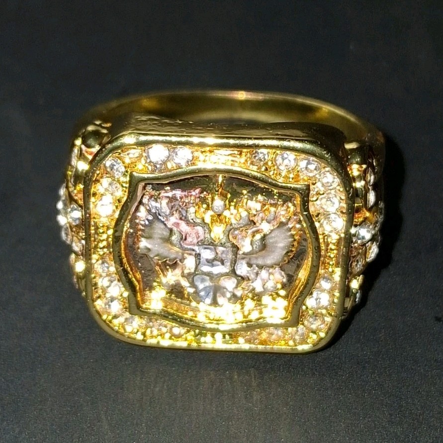 Gold Tone Eagle Crest Square Signet Band Ring Clear Stones Rhinestone