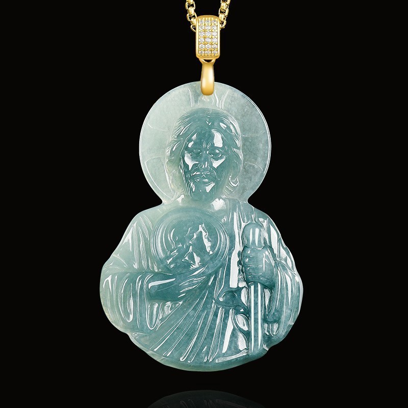 Real Myanmar Jadeite St Jude Pendant Necklace 18K Gold Plated Accessories Jade