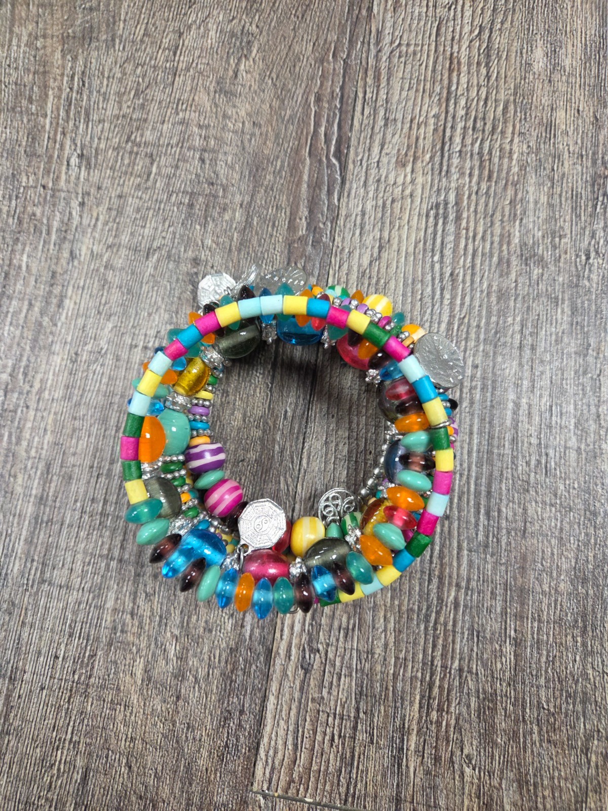 Bijoux Bright Colored Beaded Chunky Pink Blue Yellow Teal Wrap Bracelet Charms
