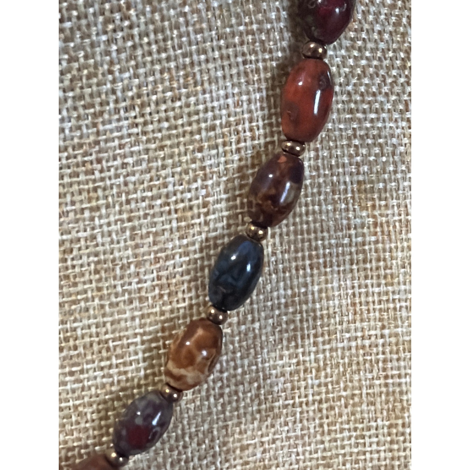 Natural Stone Oval Bead Earth Tone Necklace Bronze S-Hook Clasp Boho Natural