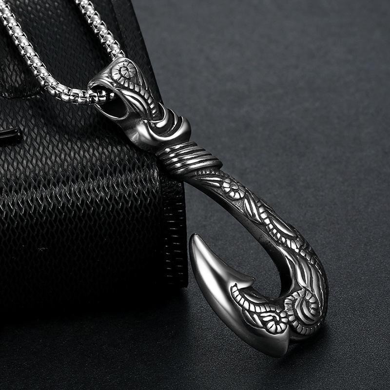 Vintage Black Silver Stainless Fish Hook Pendant BoxChain Unisex Amulet Necklace