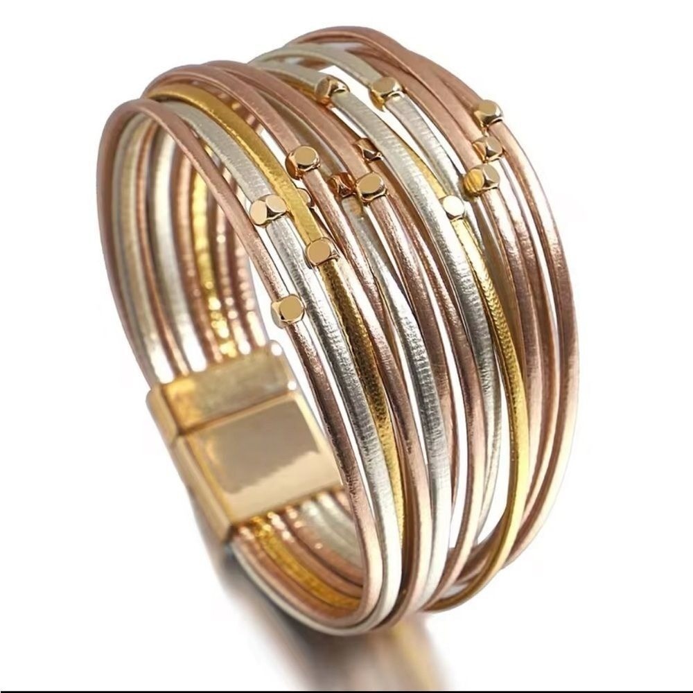 Multi Strand Bracelet Gold Silver Rose Gold Tone Boho Chic Magnetic Clasp