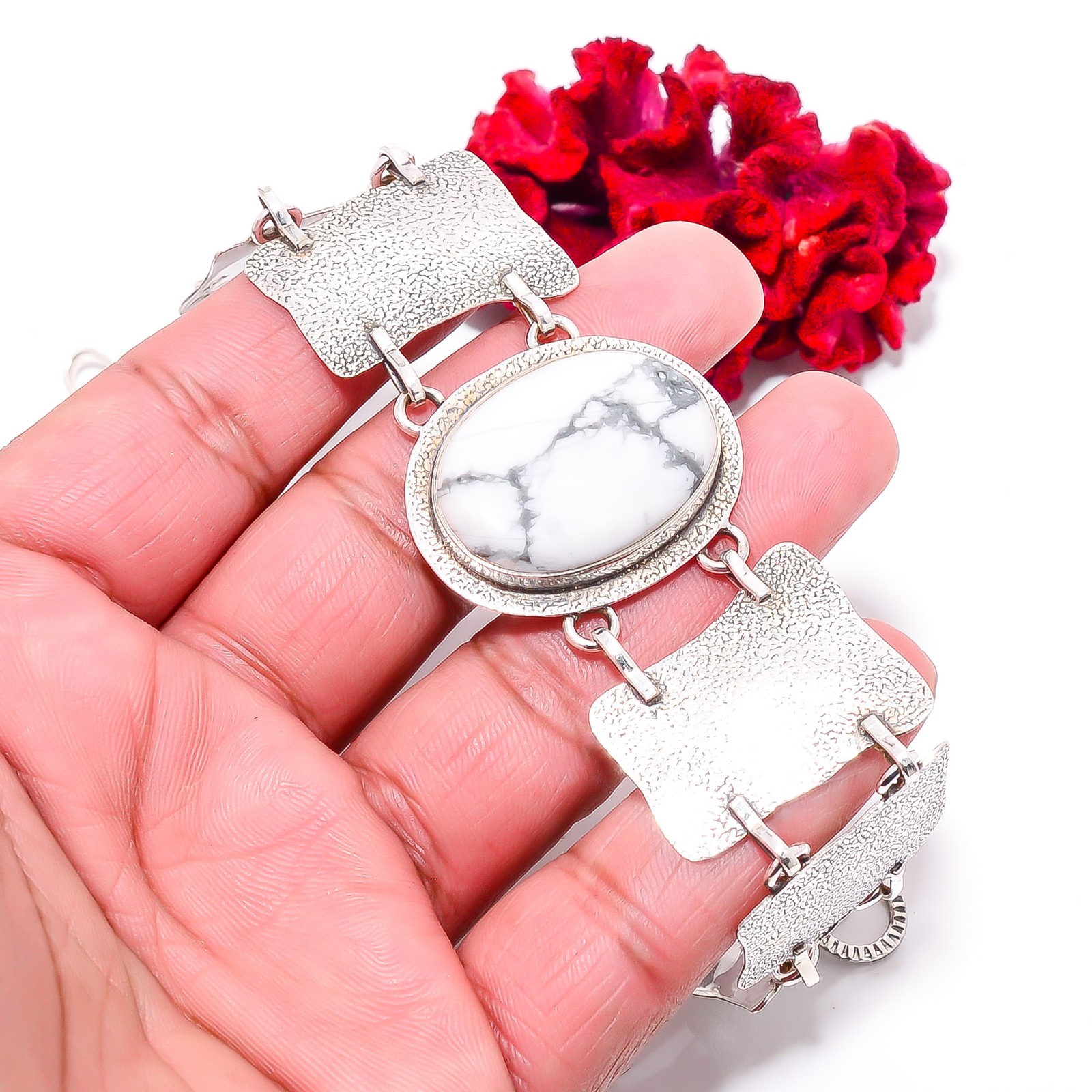 Natural White Howlite 925 Sterling Textured Silver Bracelet 8.99″ B8434