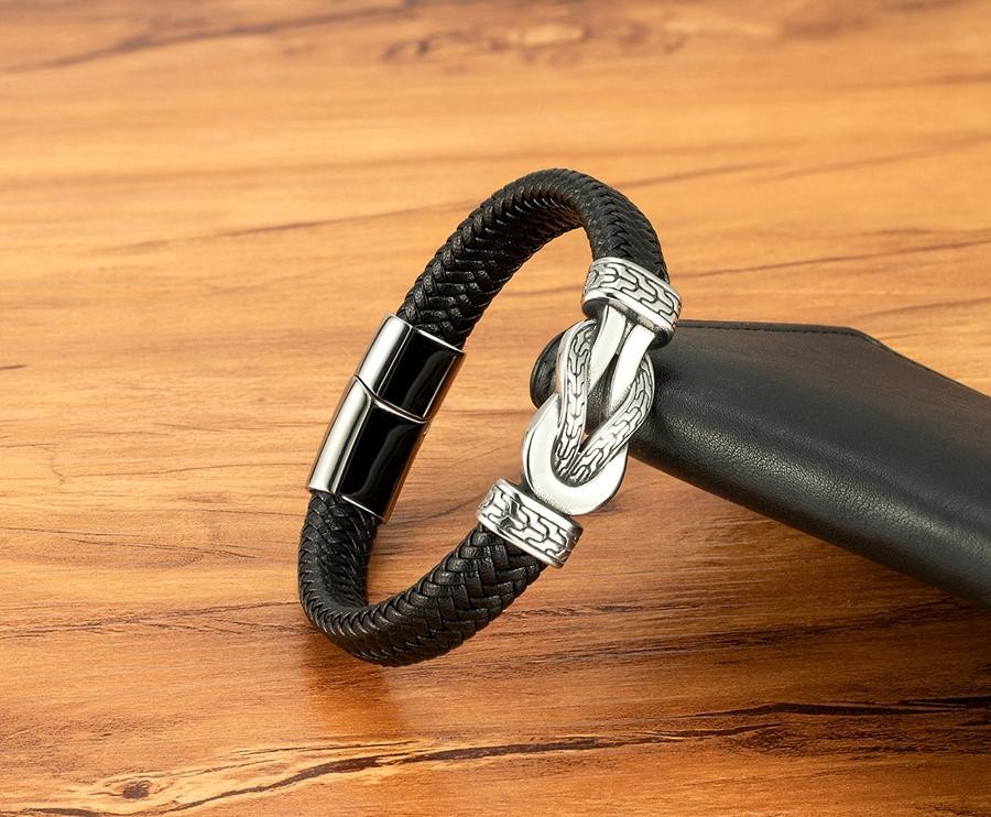 Men’s Stainless Steel Braided Leather Bracelet Black/Brown Magnetic Clasp Rope