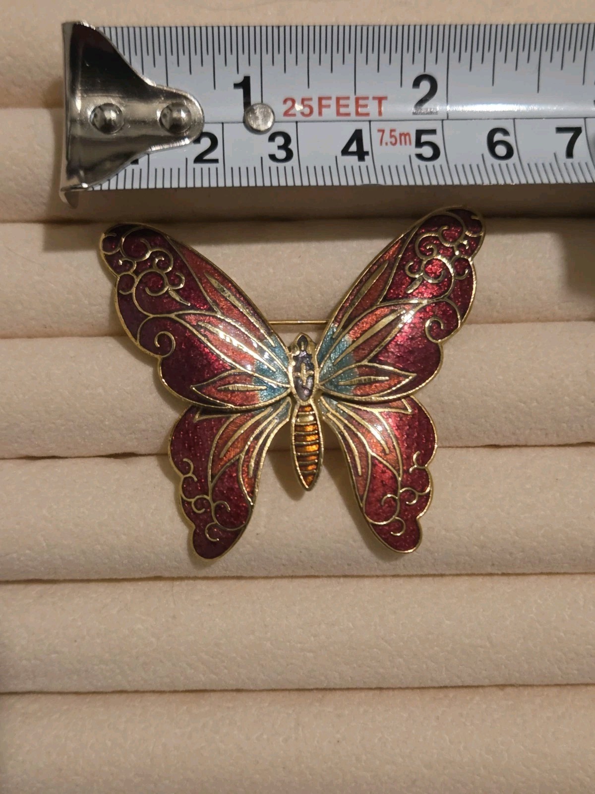Vintage Red Enamel And Gold Tone Metal Butterfly Brooch