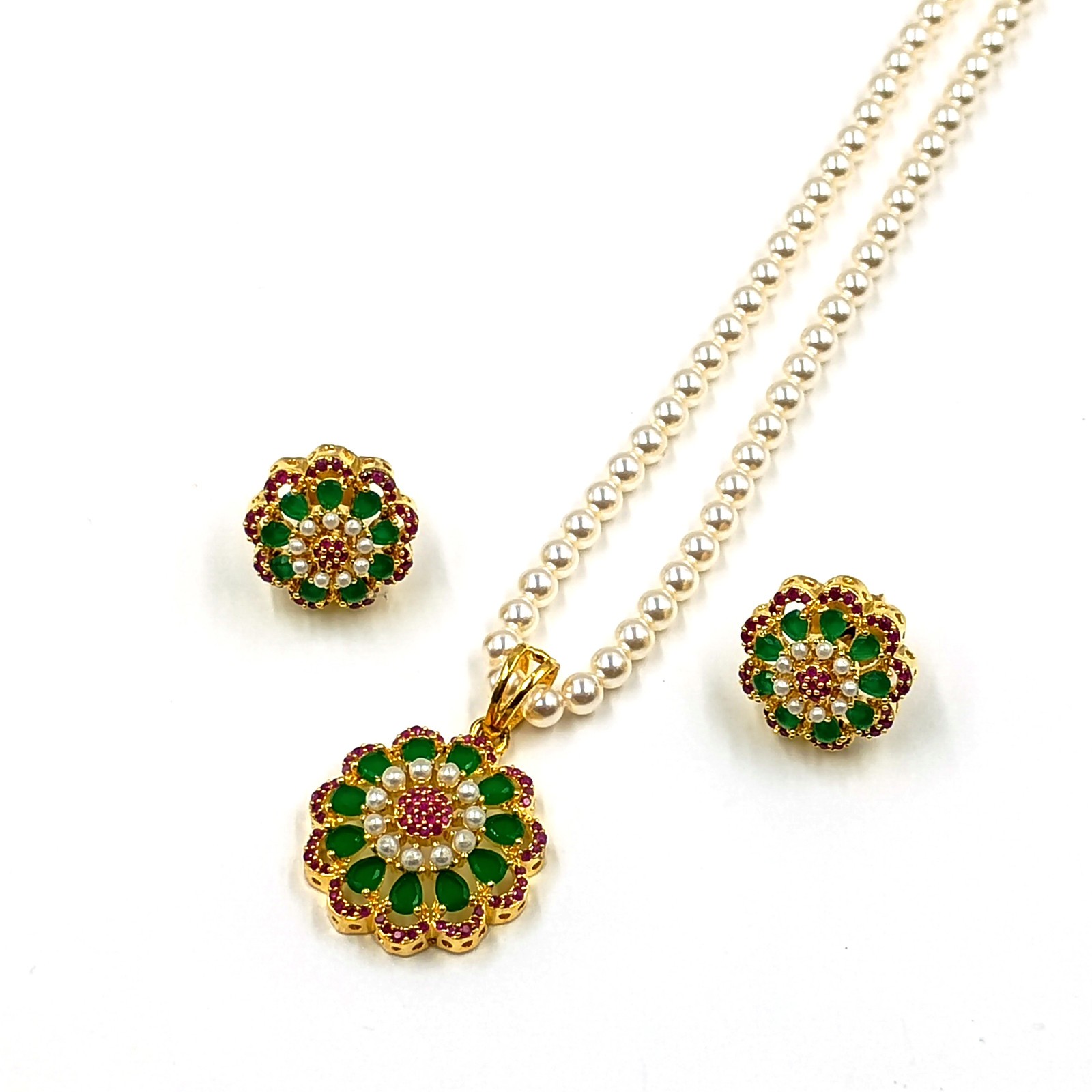 Ruby Emerald Pearl Pendant Set 22k Gold Plated Traditional South Indian