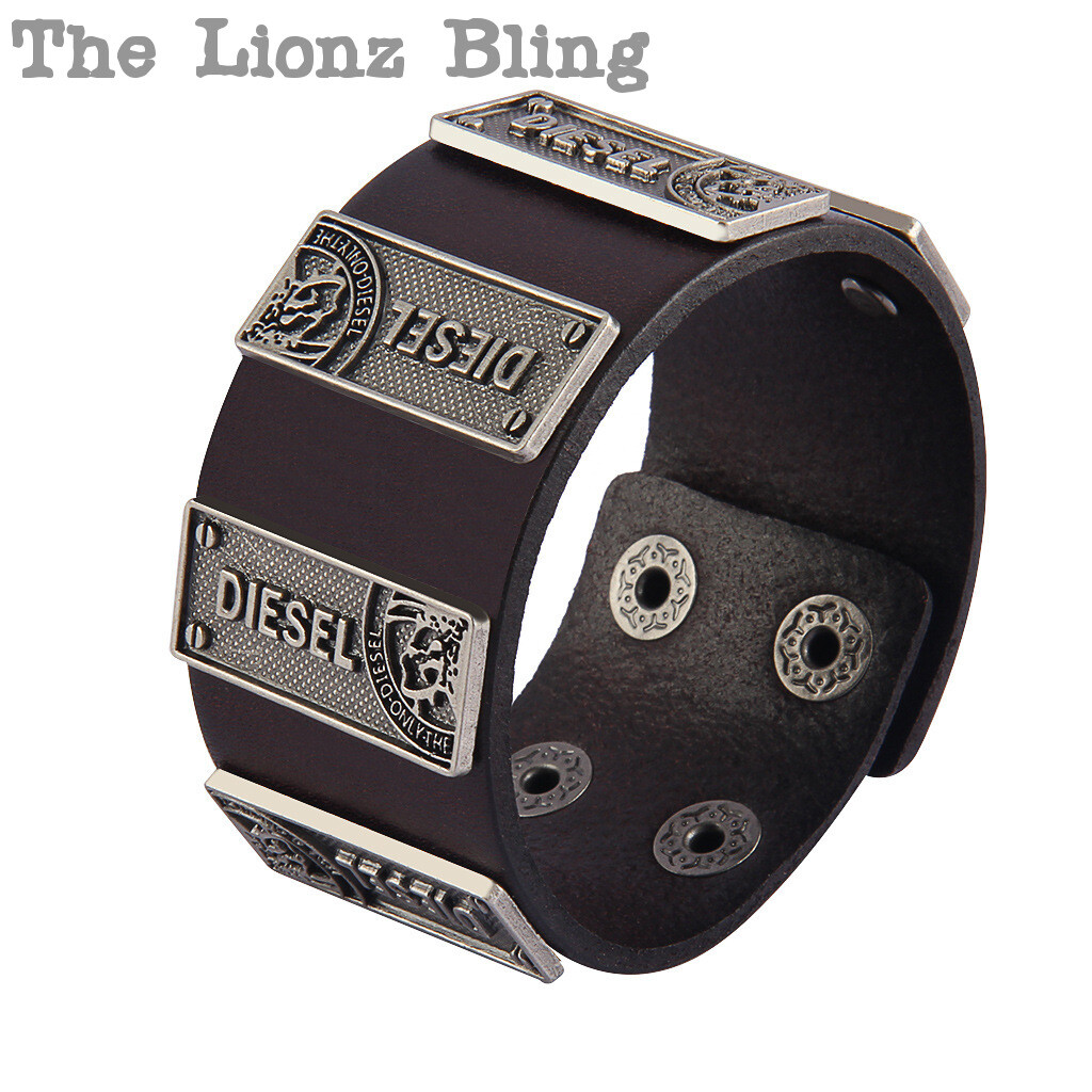 Urban Industrial Diesel Mohawk Wide Band Genuine Brown Leather & Metal Bracelet