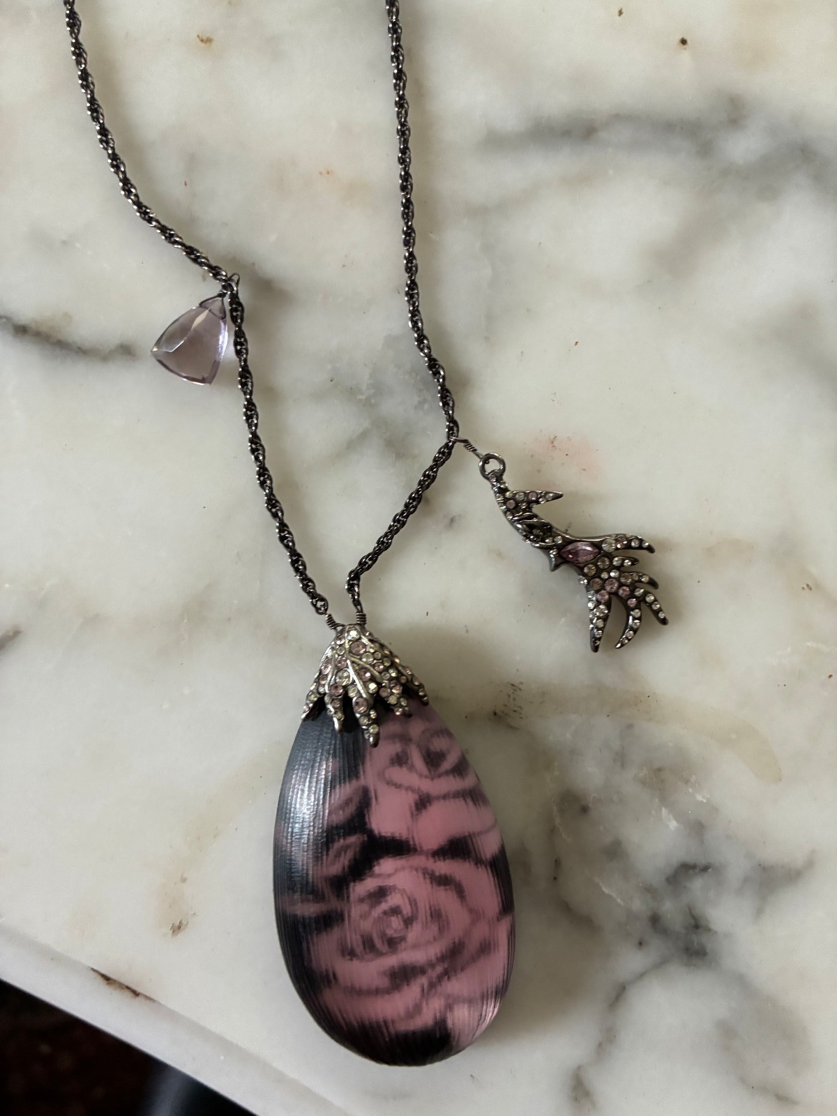 Alexis Bittar long black lucite pink roses pendant signed necklace