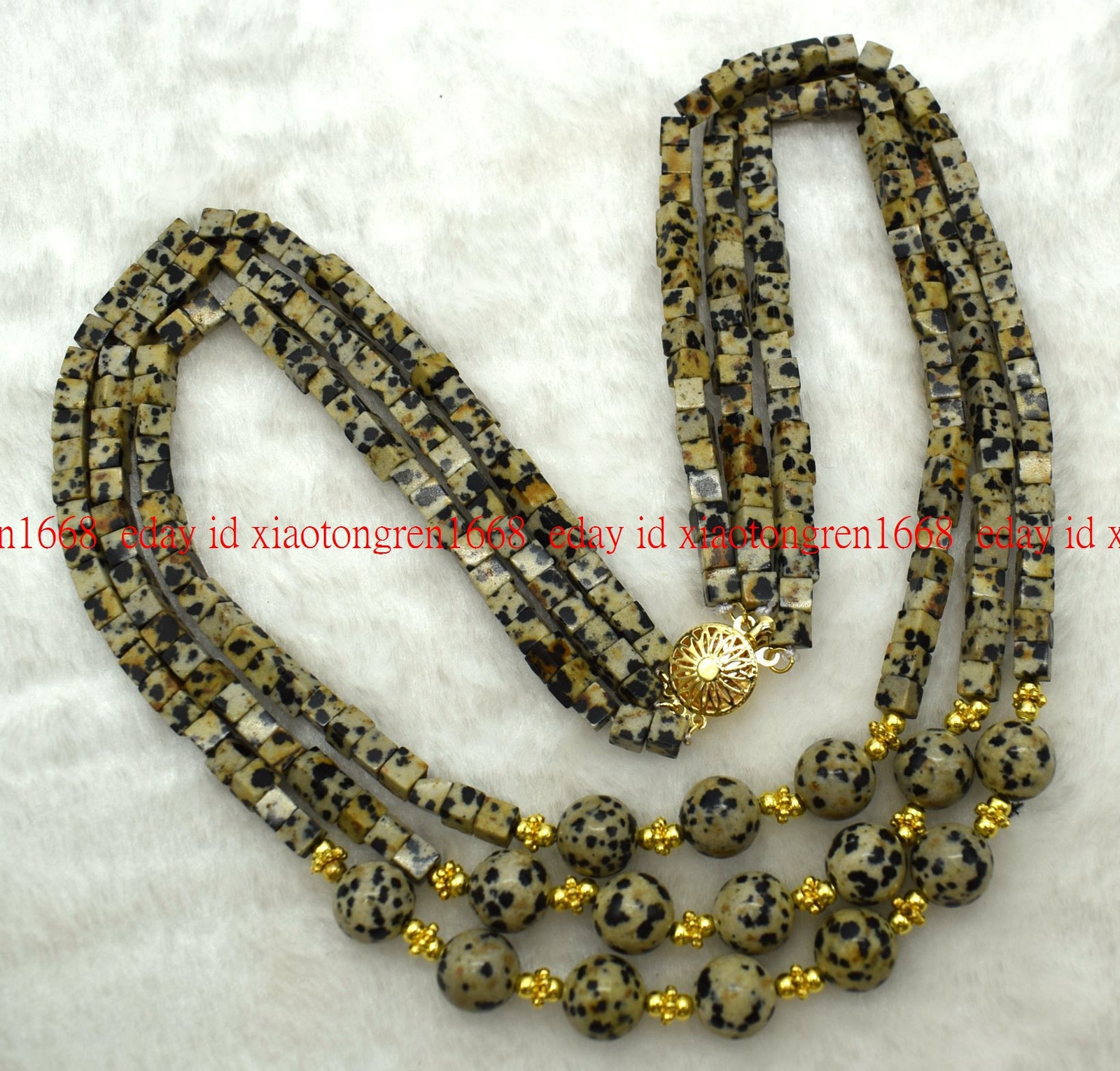 3 Rows 5x5mm Dalmatian Jasper Square Gemstone Beads Necklace 17-19”