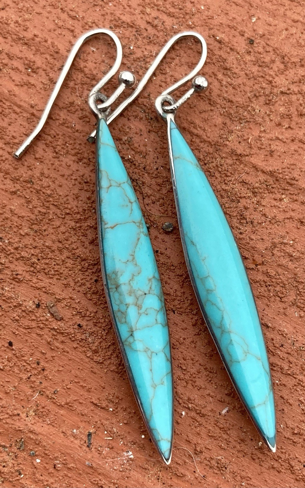 Turquoise Long Earrings 925 Sterling Silver Blue Stone Signed HOB Mexico Drop