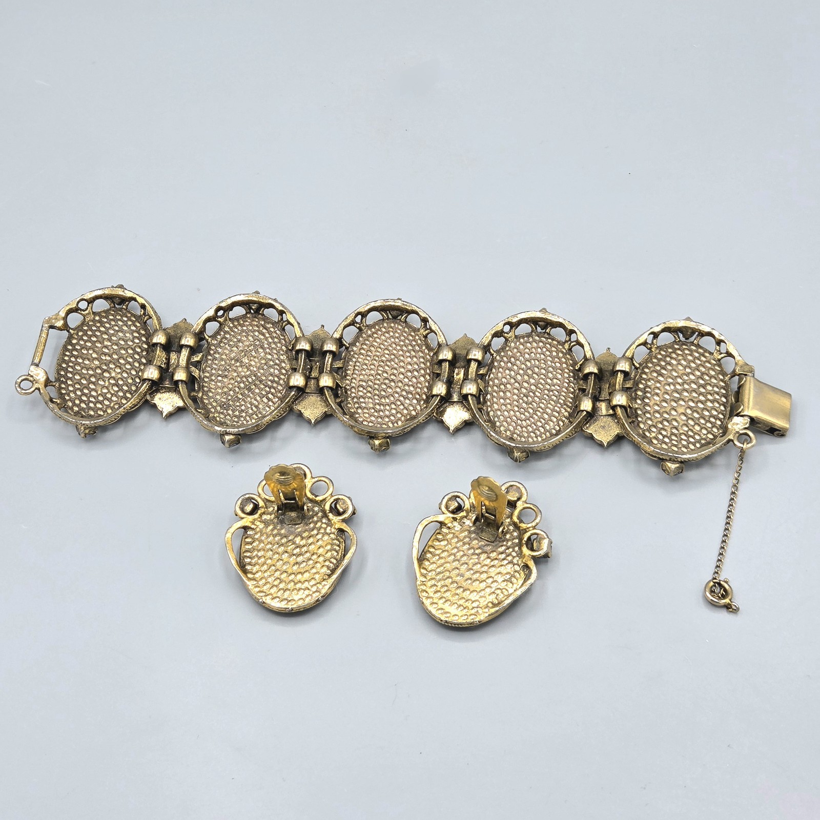Vintage Can-Can Dancer Intaglio Reverse Paint Glass Panel Link Bracelet Earrings