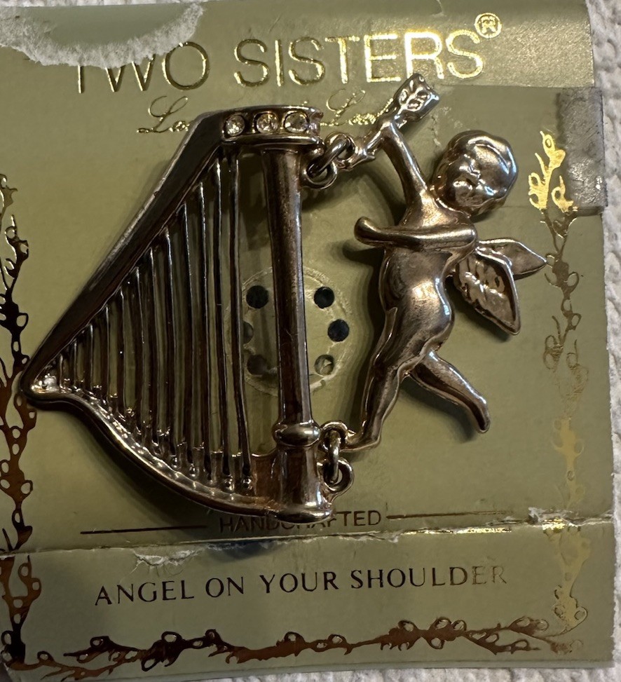 Two Sisters Angel On Your Shoulder Angel Pin, Silver Tone Metal Rhinestones