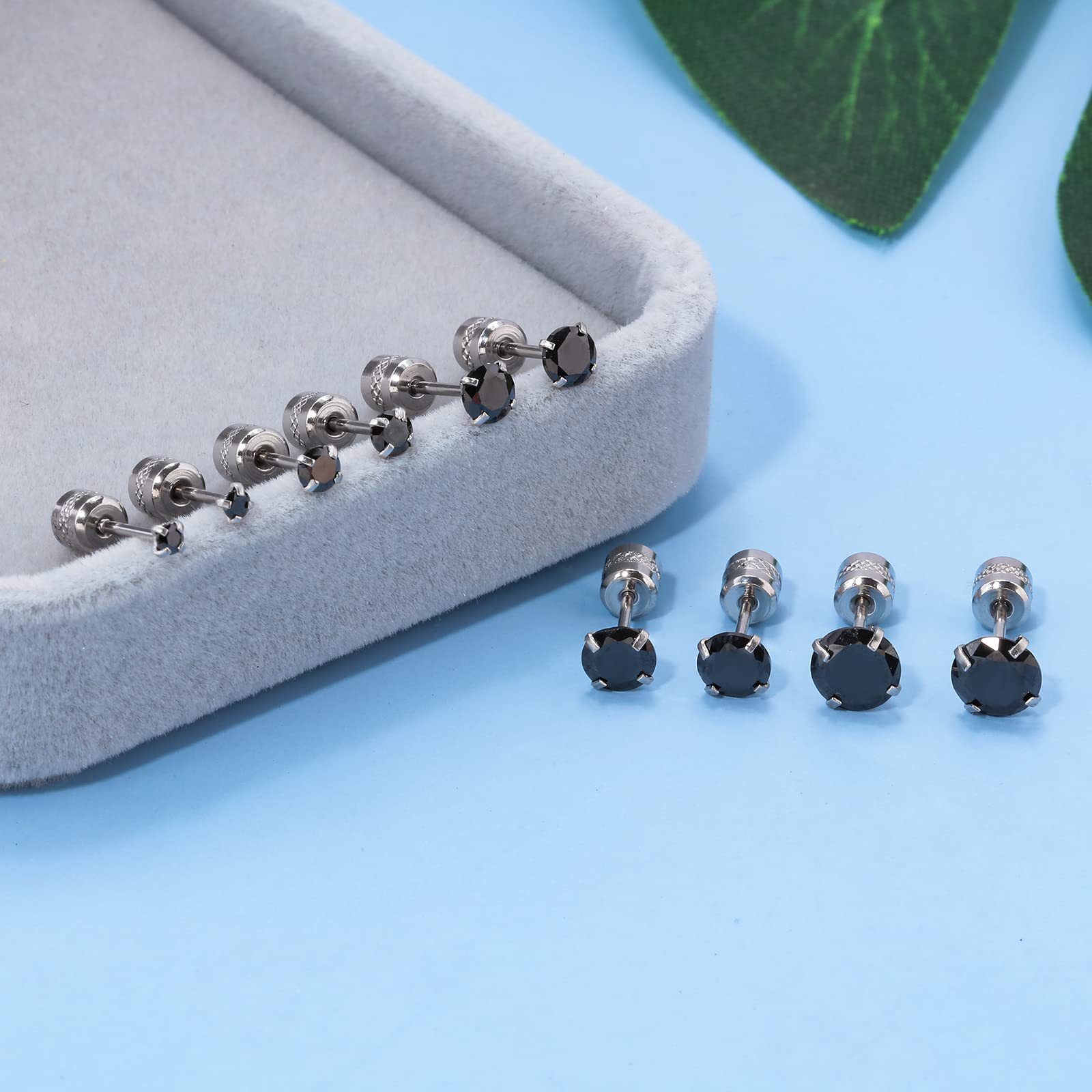 Women Men Silver Stainless Steel Round Black CZ Stud Earrings Screw Back Gift