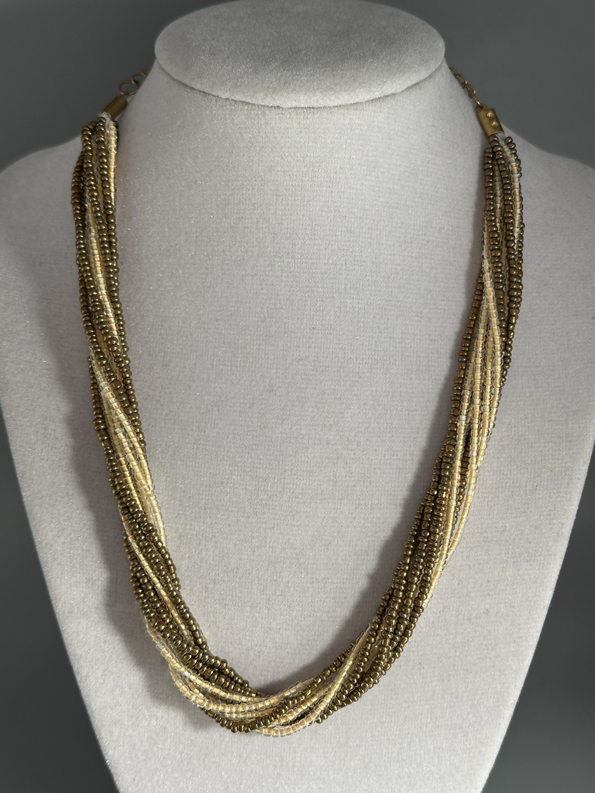 Adj 19 – 21″, Multi-Strand, Gold/Cream Seed Bead Necklace in 18K over Stainless