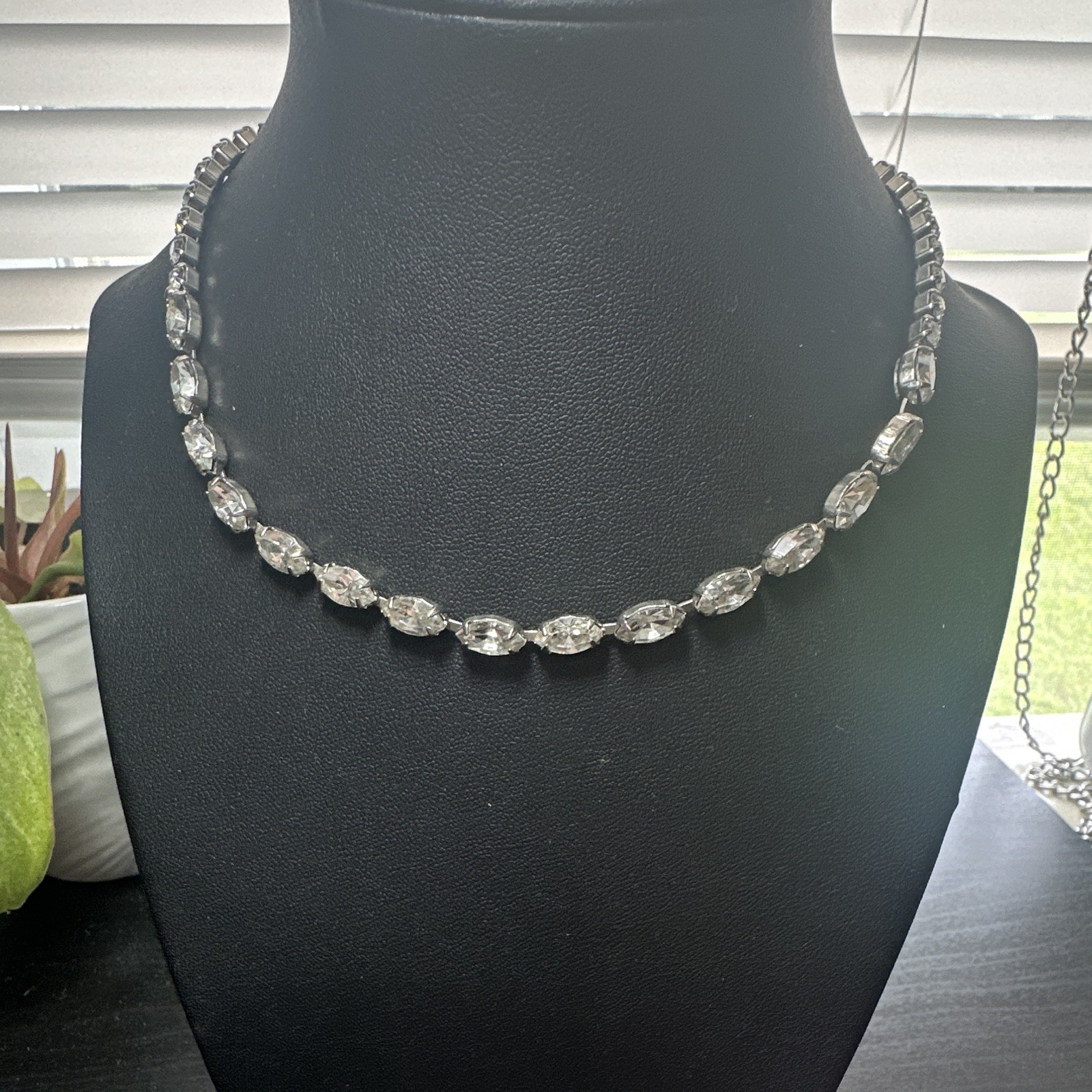 WEISS Signed Silver Tone Clear Crystal Tennis Choker Necklace Hook 12-18in