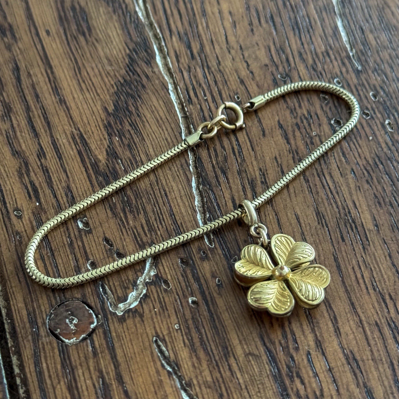 12k Gold Filled Four Leaf Clover Charm On Snake Bracelet