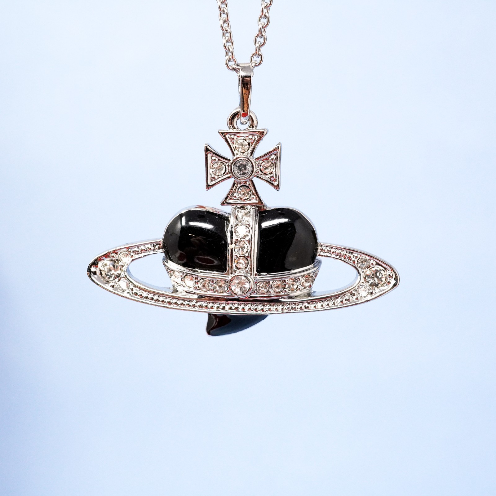 Vivienne Westwood Necklace Silver & Black Large Heart Orb Pendant With Gift Box