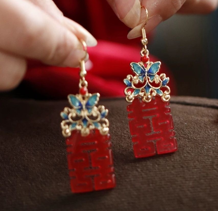 Chinese Style Red Bride Earrings Double Happiness Pendant Wedding Qipao Jewelry