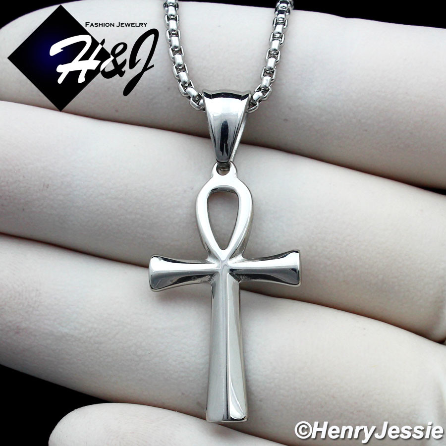 16-30″MEN Stainless Steel 2mm Silver Box Chain Plain Ankh Key Cross Pendant*P112