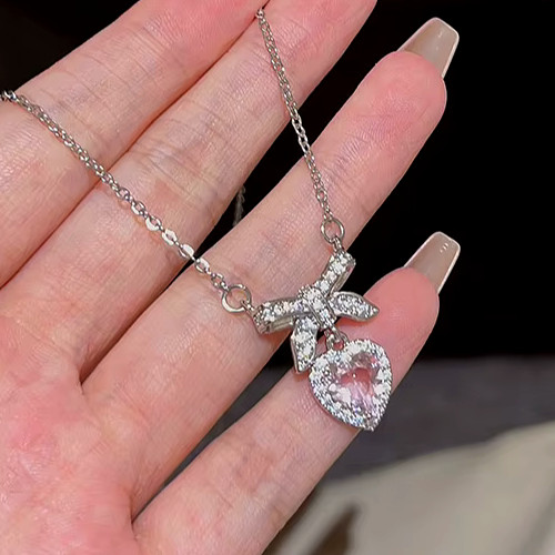 Super Cute Bow Pink HEART Valentine LOVE Rhinestone Betsey Johnson NECKLACE