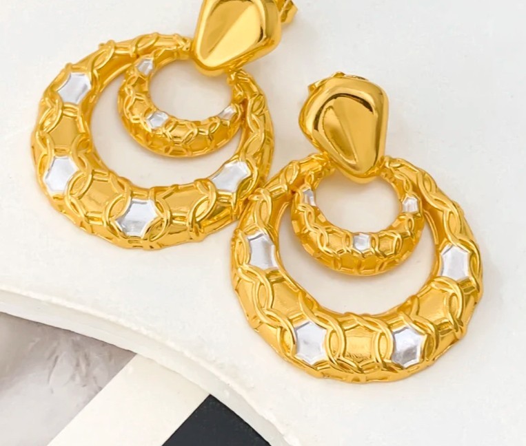 45cm African Dubai 18K Gold Plated Bride Double Layer Earrings Pendant Necklace