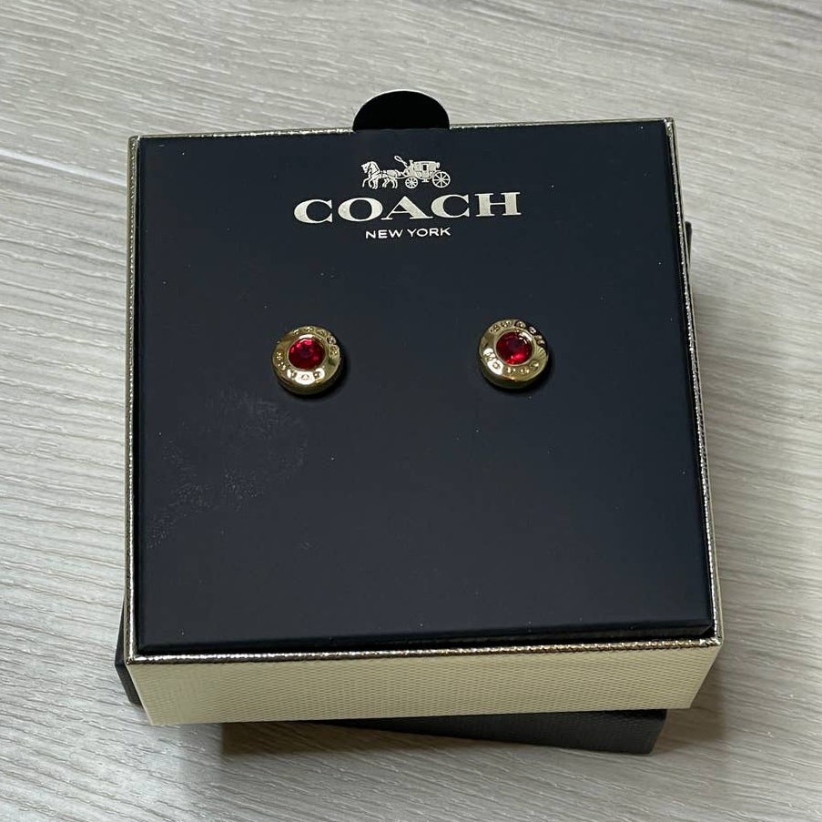 Coach Open Circle Red Stone Strand Earrings Boxed Red/ Gold tone