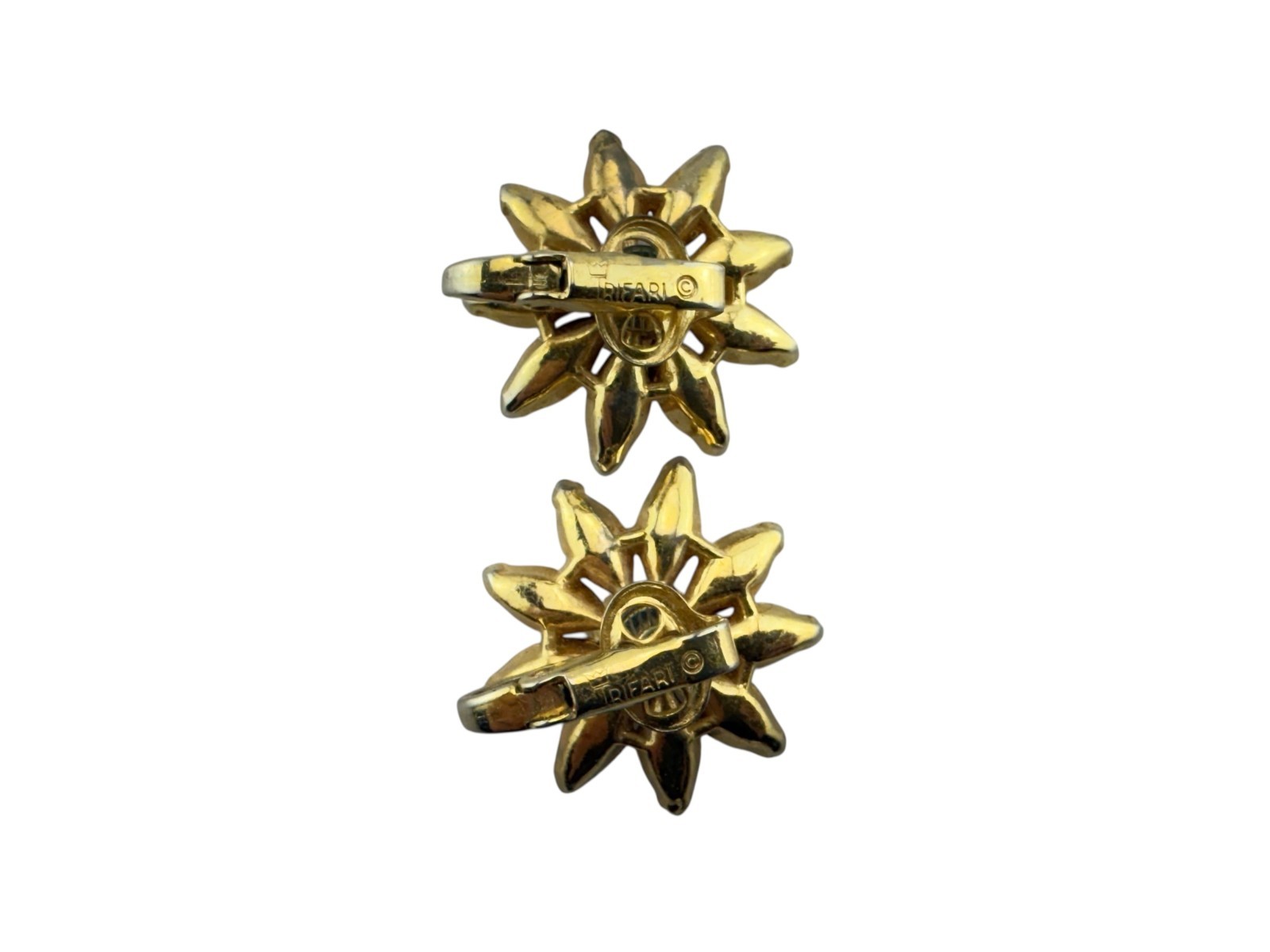 Vtg Crown Trifari Gold Tone Red Aurora Borealis Rhinestone Clip On Earrings