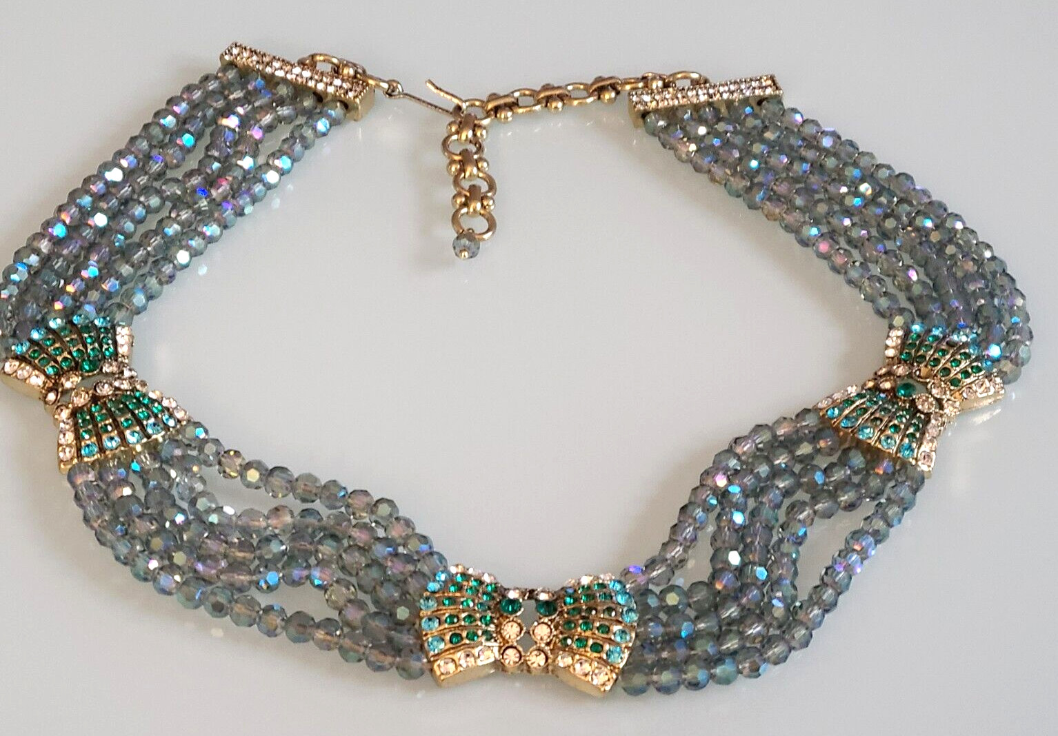 FAB DESIGNER UNSIGNED 5 STRAND CRYSTAL BIB AURORA BOREALIS BOW NECKLACE WOWSER