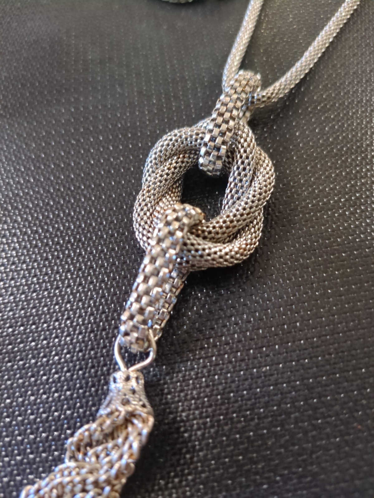 36″ Long Silver toned Mesh Chain With Knotted Mesh Pendant And Tassels