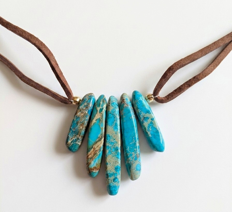 Bohemian Turquoise Blue Stone Charm Necklace Brown Leather Cord