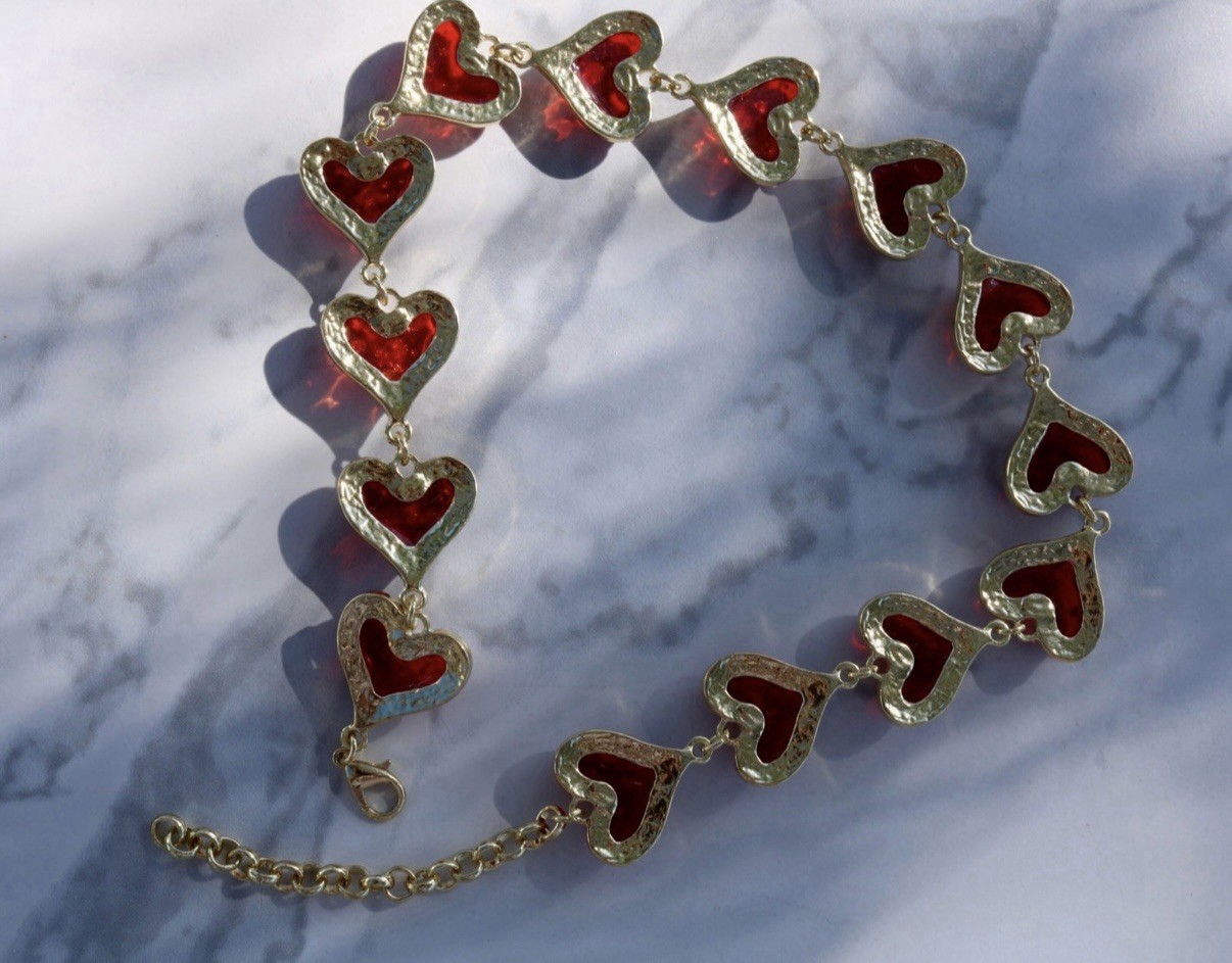 Acrylic Red Heart Gold Toned Textured Necklace