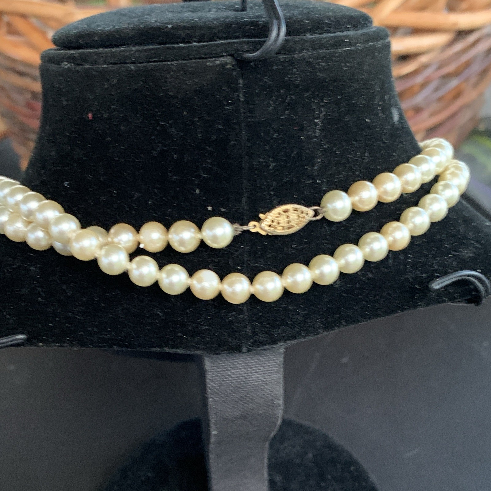 Double Strand Cream Faux Pearl Beaded Strand Necklace Gold Tone Clasp