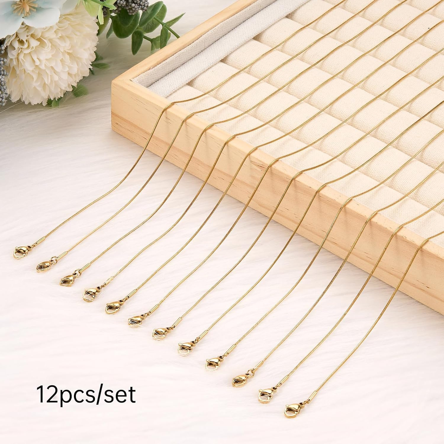 12 Pcs Gold Plated Chain Bulk 18 Inches Thin Snake Stainless Steel Necklace Chai