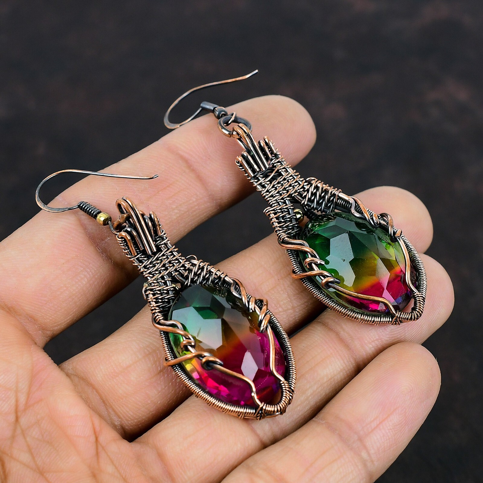 Multi Tourmaline Copper Love Gift Wire Wrapped Drop/Dangle Earrings 2.95″