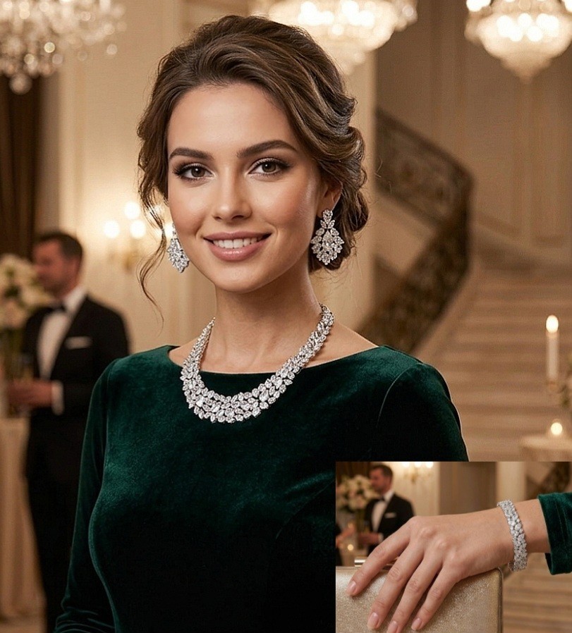 Luxury Lab Created Swarovski Crystal Statement 18k White Gold Plated Jewelry Set