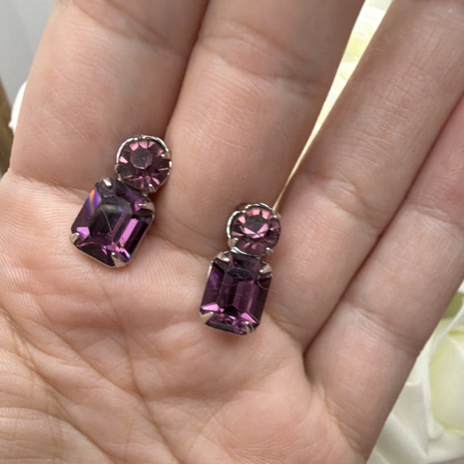 purple silver Crystal Rectangle Dangle Drop Earrings Screw Back Prong Set