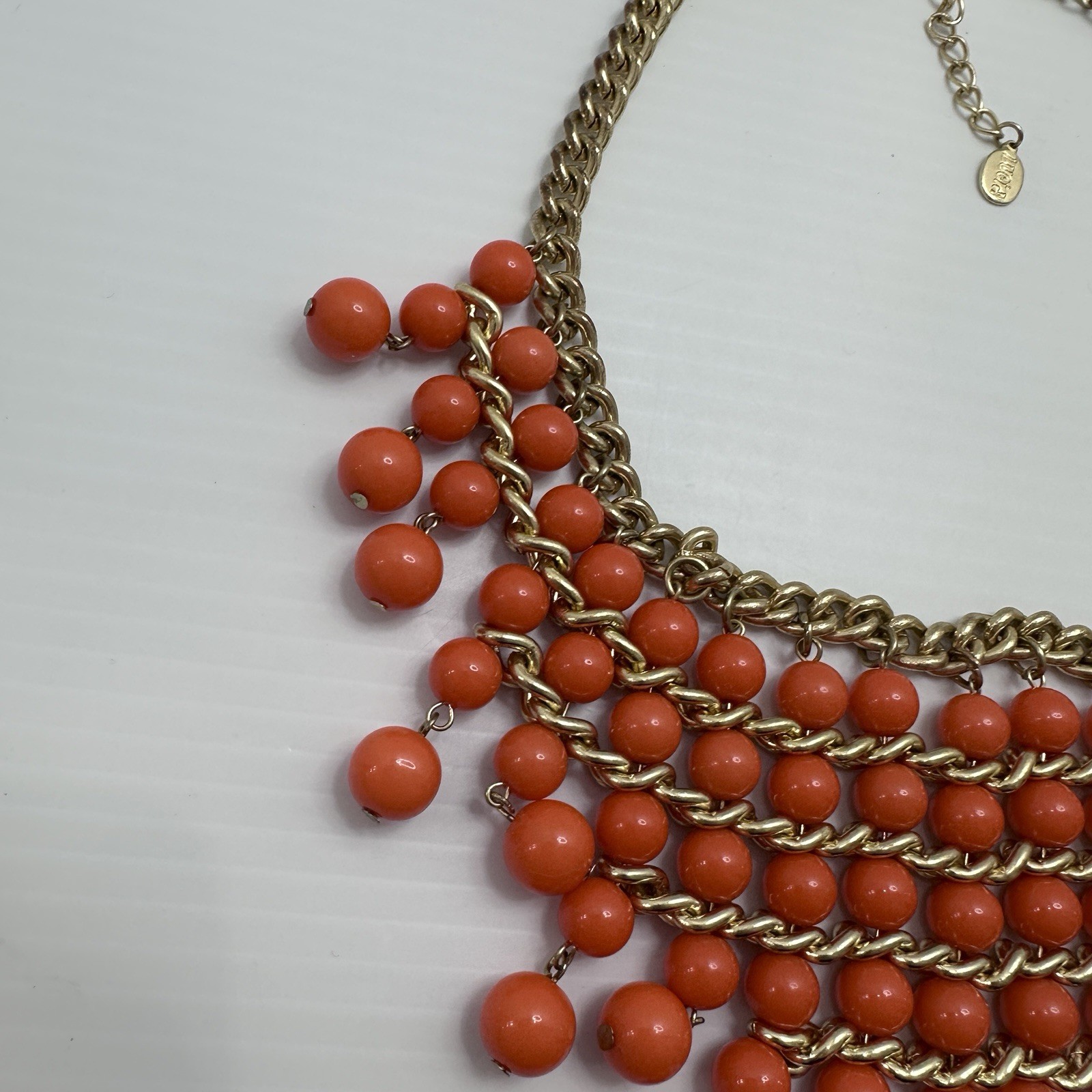 LUCIA Signed Orange Beaded Statement Necklace Gold Tone Bib Fringe Chunky Bold