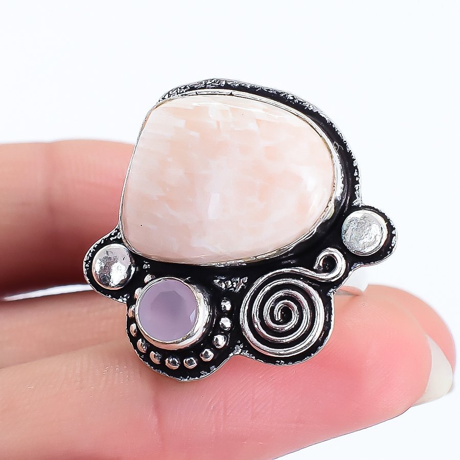 Pink Scolecite, Rose Quartz Gemstone Silver Jewelry Ring Size 7 RRJ16692