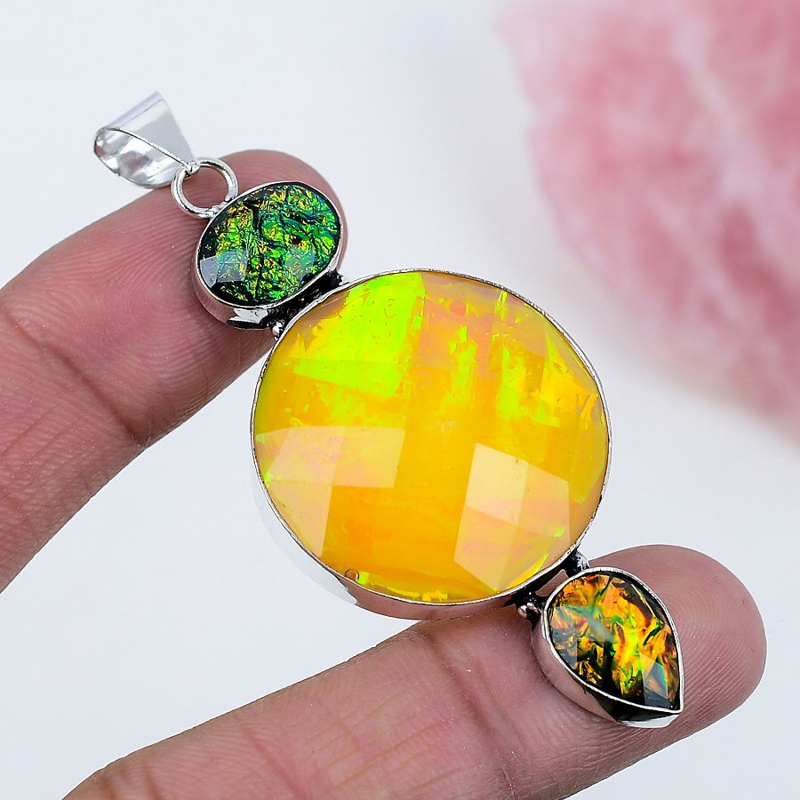 Color Enhanced Opal Tripplet 925 Silver Plated Handmade Pendant of 2.8″