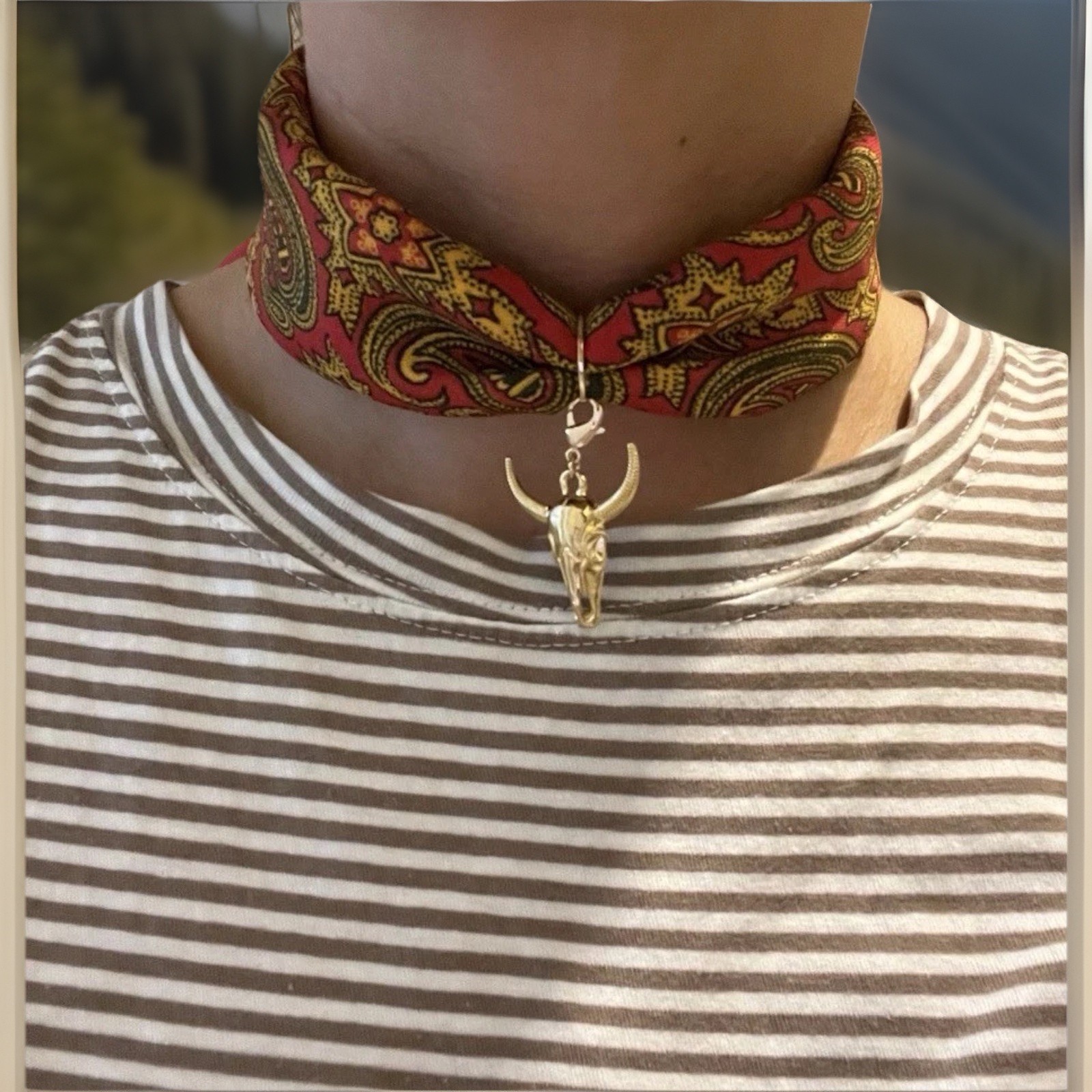 Red Paisley Fabric Cord Choker Necklace with Bull Animal Charm Pendant