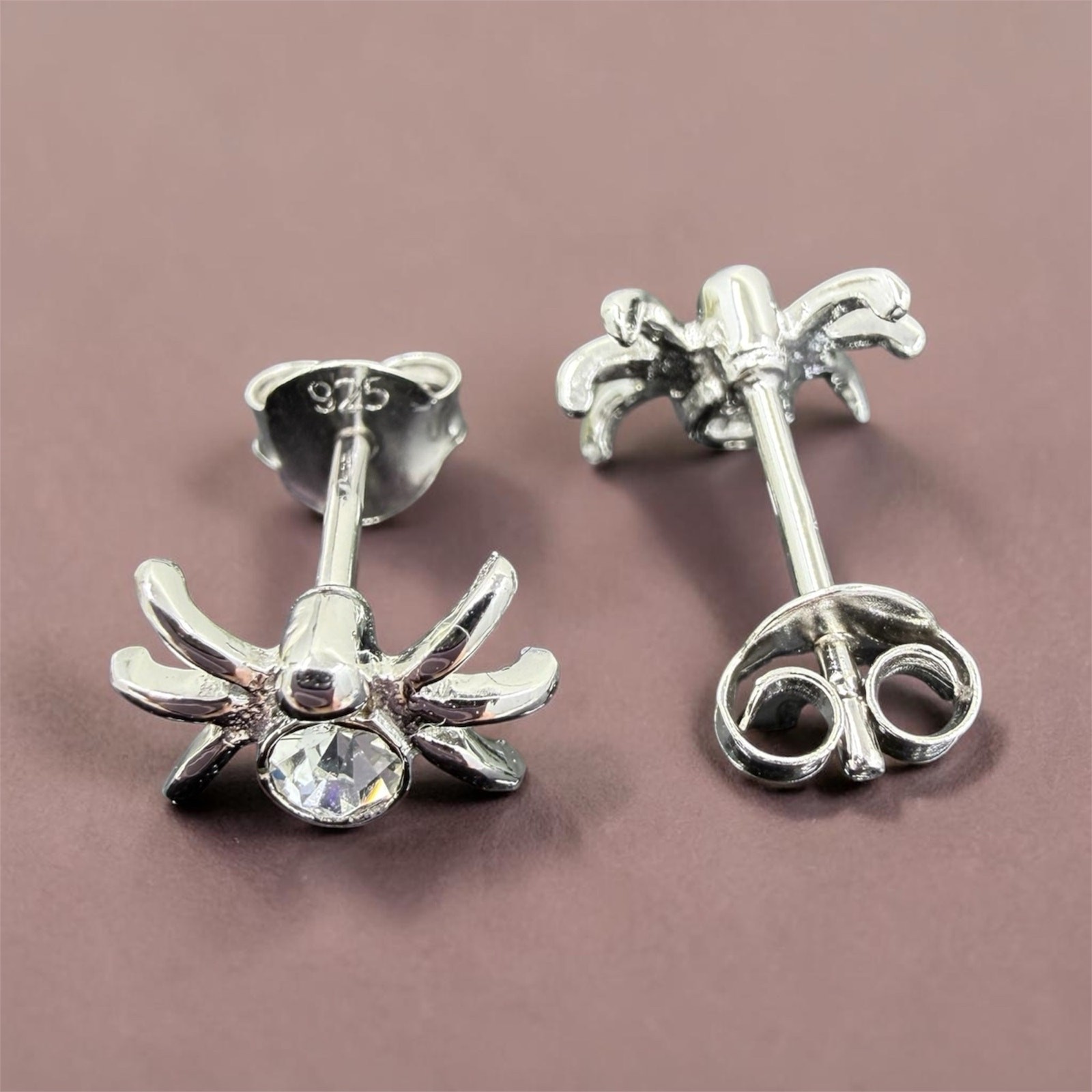 Sparkling Spider Post Stud Earrings 925 Sterling Silver Friction Backs