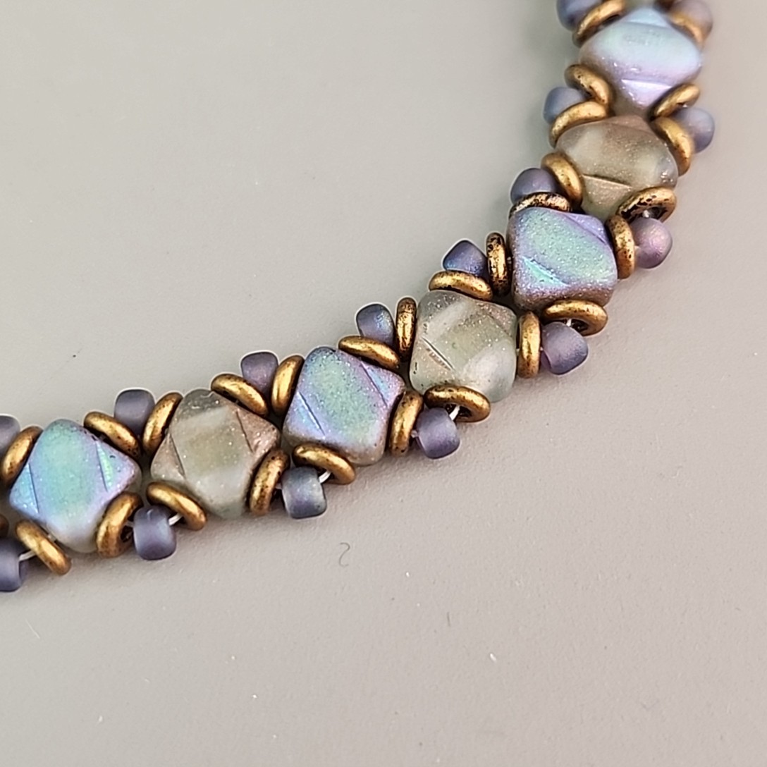 Glass Beaded Bracelet Weaved Frosted Iridescent Multicolor Snap Clasp 6.25″