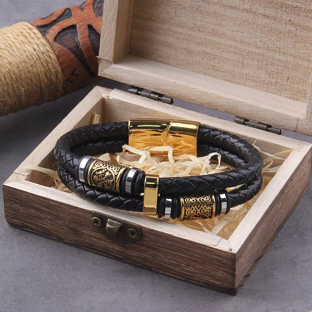 Viking Leather Bracelet Norse Runes Stainless Steel Braided Cuff