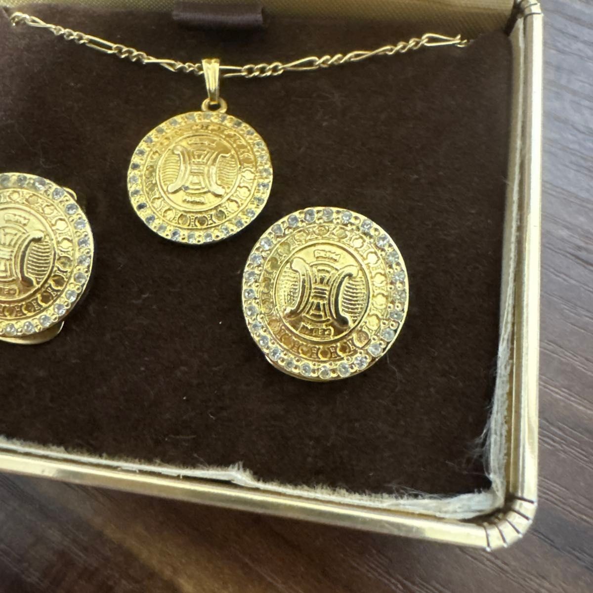 Vintage CELINE Triomphe Necklace Earrings Jewelry Set Gold Stone w/ Case