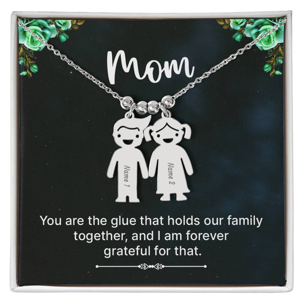 Engraved Kid Charm Mom Necklace, Personalized Children’s Name Pendant, Custom Mo